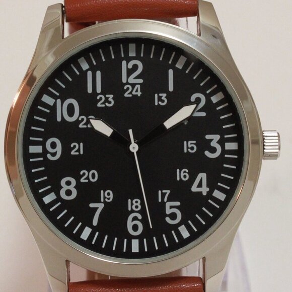 Men's Quartz Field Watch Silver Case Brown Leather Strap 42mm - Picture 9 of 12